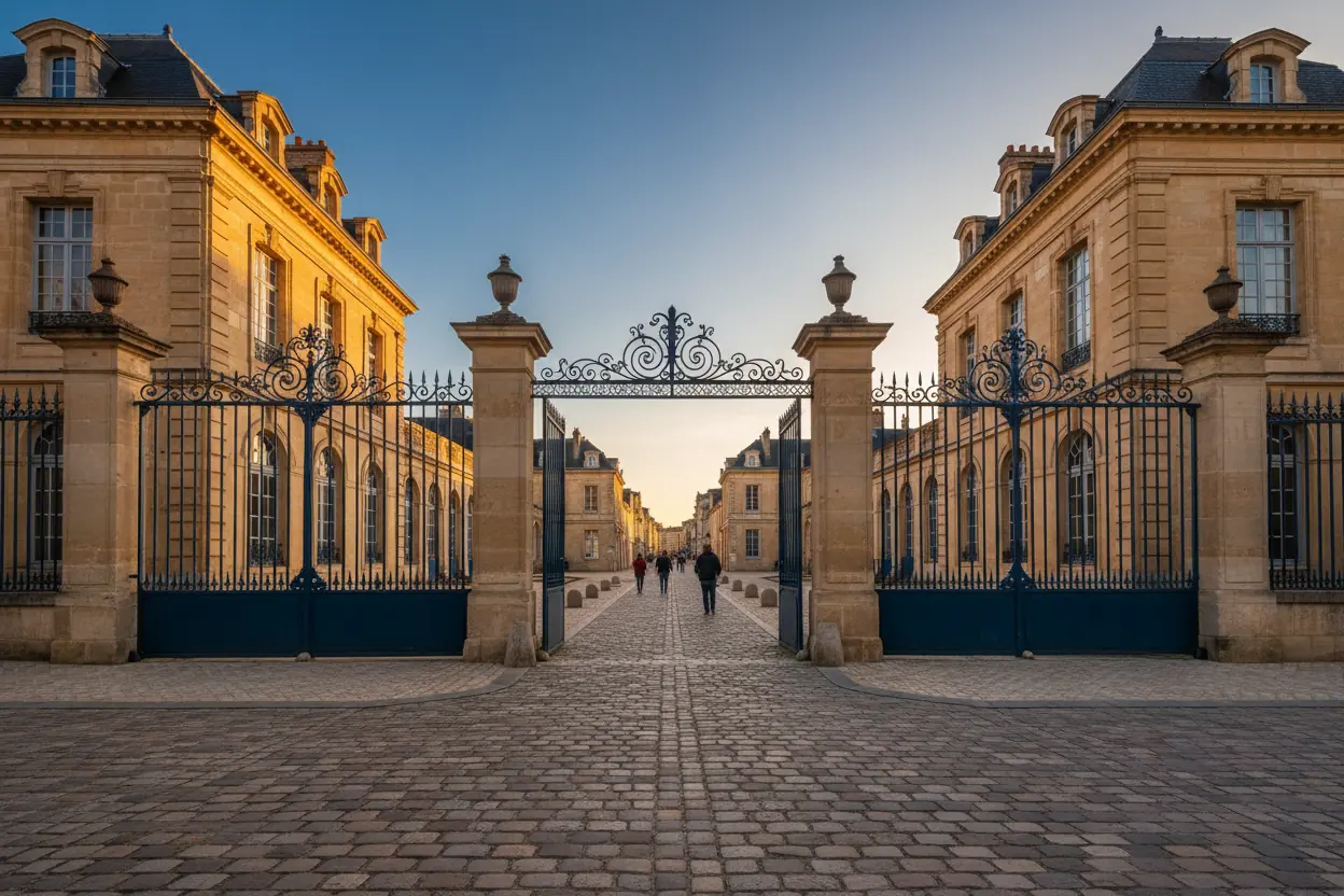 Rue pavée bordée de maisons en pierre blonde et de grilles en fer forgé